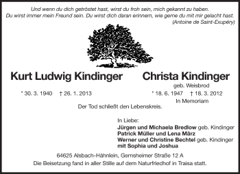 Traueranzeige von Kurt Ludwig und Christa Kindinger von Echo-Zeitungen (Gesamtausgabe)