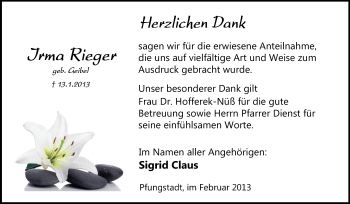 Traueranzeige von Irma Rieger von Echo-Zeitungen (Gesamtausgabe)