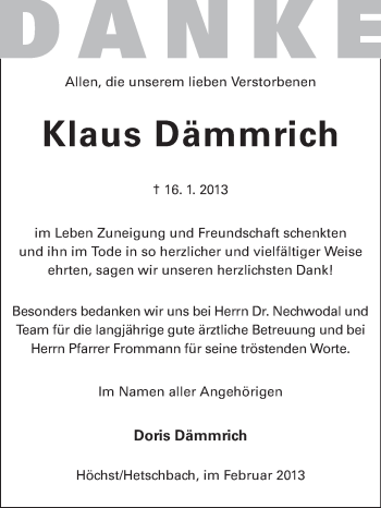 Traueranzeige von Klaus Dämmrich von Echo-Zeitungen (Gesamtausgabe)