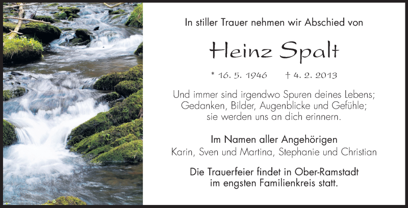  Traueranzeige für Heinz Spalt vom 09.02.2013 aus Darmstädter Echo, Odenwälder Echo, Rüsselsheimer Echo, Groß-Gerauer-Echo, Ried Echo