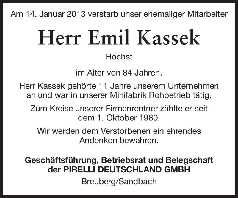  Traueranzeige für Emil Kassek vom 07.02.2013 aus Odenwälder Echo