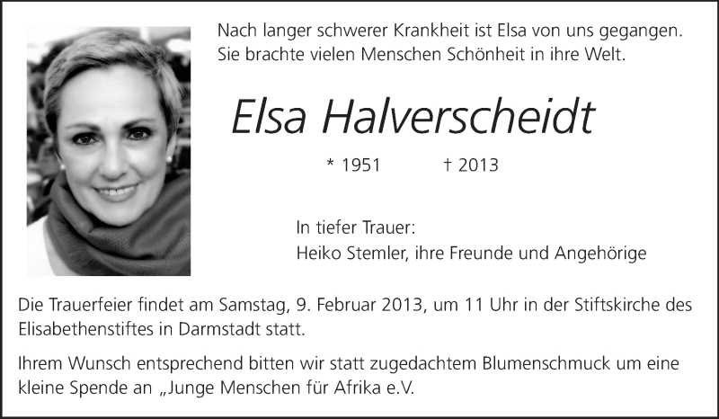  Traueranzeige für Elsa Halverscheidt vom 07.02.2013 aus Darmstädter Echo, Odenwälder Echo, Rüsselsheimer Echo, Groß-Gerauer-Echo, Ried Echo
