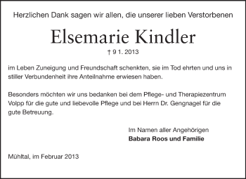 Traueranzeige von Elsemarie Kindler von Echo-Zeitungen (Gesamtausgabe)