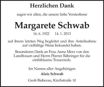 Traueranzeige von Margarete Schwab von Echo-Zeitungen (Gesamtausgabe)
