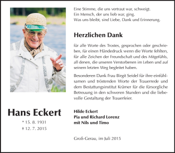 Traueranzeige von Hans Eckert von Rüsselsheimer Echo, Groß-Gerauer-Echo, Ried Echo