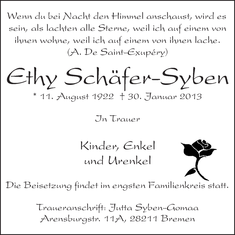  Traueranzeige für Ethy Schäfer-Syben vom 09.02.2013 aus Starkenburger Echo