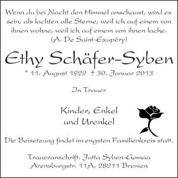 Traueranzeige von Ethy Schäfer-Syben von Starkenburger Echo