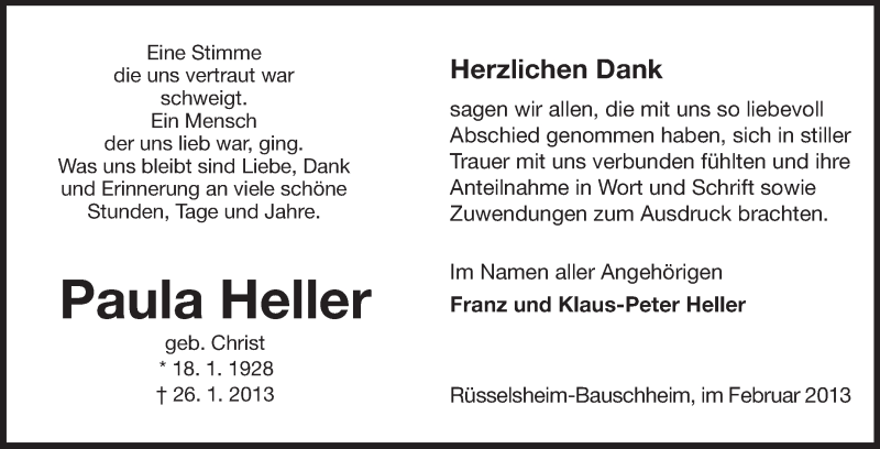  Traueranzeige für Paula Heller vom 09.02.2013 aus Rüsselsheimer Echo, Groß-Gerauer-Echo, Ried Echo