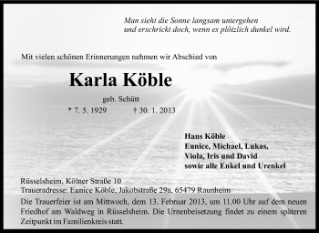 Traueranzeige von Karla Köble von Rüsselsheimer Echo, Groß-Gerauer-Echo, Ried Echo