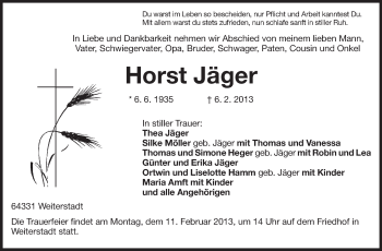 Traueranzeige von Horst Jäger von Echo-Zeitungen (Gesamtausgabe)