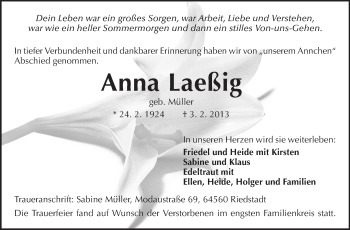 Traueranzeige von Anna Laeßig von Echo-Zeitungen (Gesamtausgabe)