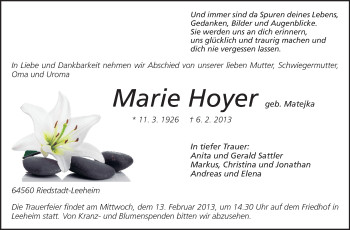 Traueranzeige von Marie Hoyer von Rüsselsheimer Echo, Groß-Gerauer-Echo, Ried Echo