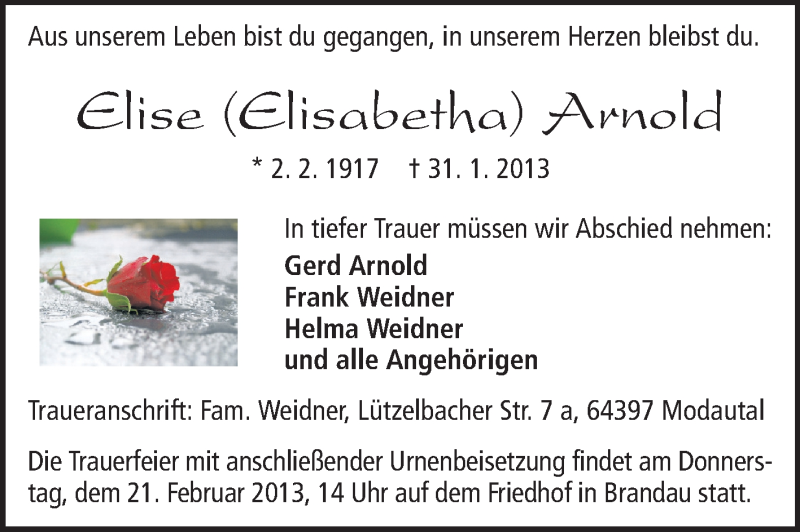  Traueranzeige für Elisabetha Arnold vom 09.02.2013 aus Darmstädter Echo, Odenwälder Echo, Rüsselsheimer Echo, Groß-Gerauer-Echo, Ried Echo