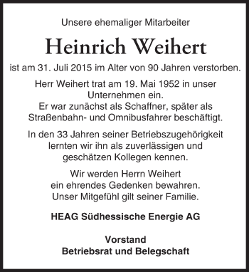 Traueranzeige von Heinrich Weihert von trauer.echo-online.de