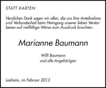Traueranzeige von Marianne Baumann von Rüsselsheimer Echo, Groß-Gerauer-Echo, Ried Echo