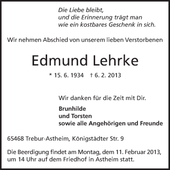 Traueranzeige von Edmund Lehrke von Rüsselsheimer Echo, Groß-Gerauer-Echo, Ried Echo