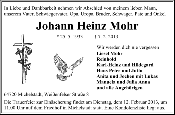 Traueranzeige von Johann Heinz Mohr von Odenwälder Echo