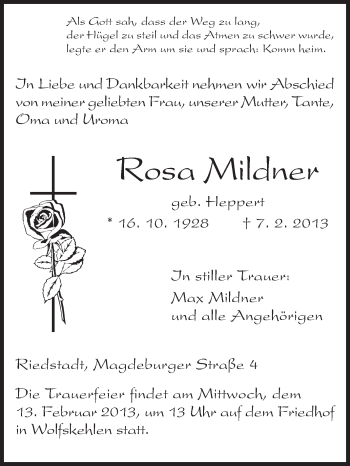 Traueranzeige von Rosa Mildner von Rüsselsheimer Echo, Groß-Gerauer-Echo, Ried Echo