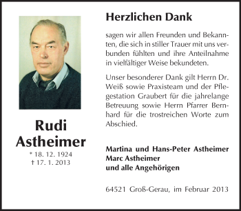 Traueranzeige von Rudi Astheimer von Rüsselsheimer Echo, Groß-Gerauer-Echo, Ried Echo