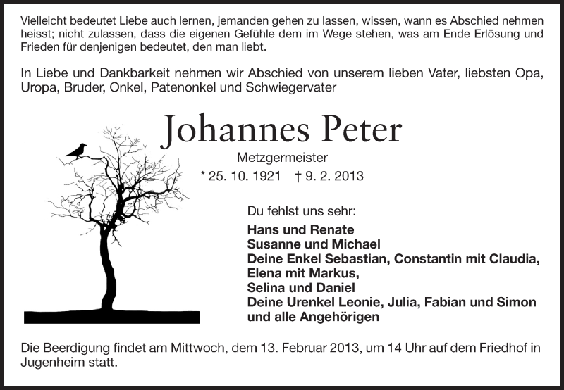  Traueranzeige für Johannes Peter vom 11.02.2013 aus Echo-Zeitungen (Gesamtausgabe)