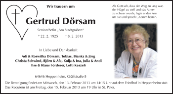 Traueranzeige von Gertrud Dörsam von Starkenburger Echo