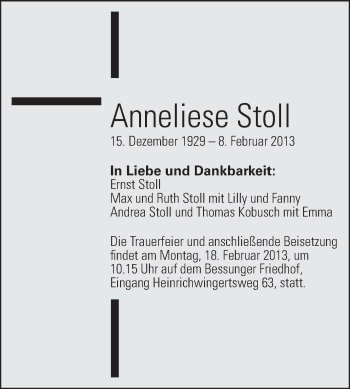 Traueranzeige von Anneliese Stoll von Echo-Zeitungen (Gesamtausgabe)