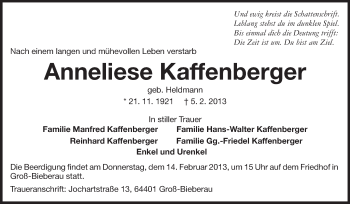 Traueranzeige von Anneliese Kaffenberger von Echo-Zeitungen (Gesamtausgabe)