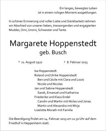 Traueranzeige von Margarete Hoppenstedt von Echo-Zeitungen (Gesamtausgabe)