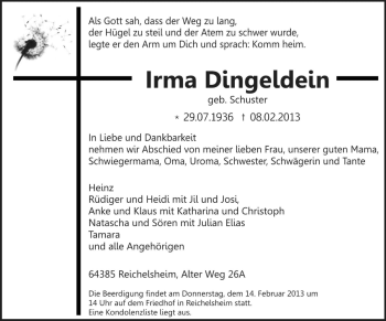 Traueranzeige von Irma Dingeldein von Odenwälder Echo