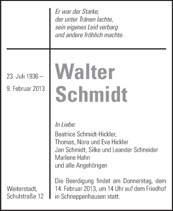 Traueranzeige von Walter Schmidt von Echo-Zeitungen (Gesamtausgabe)