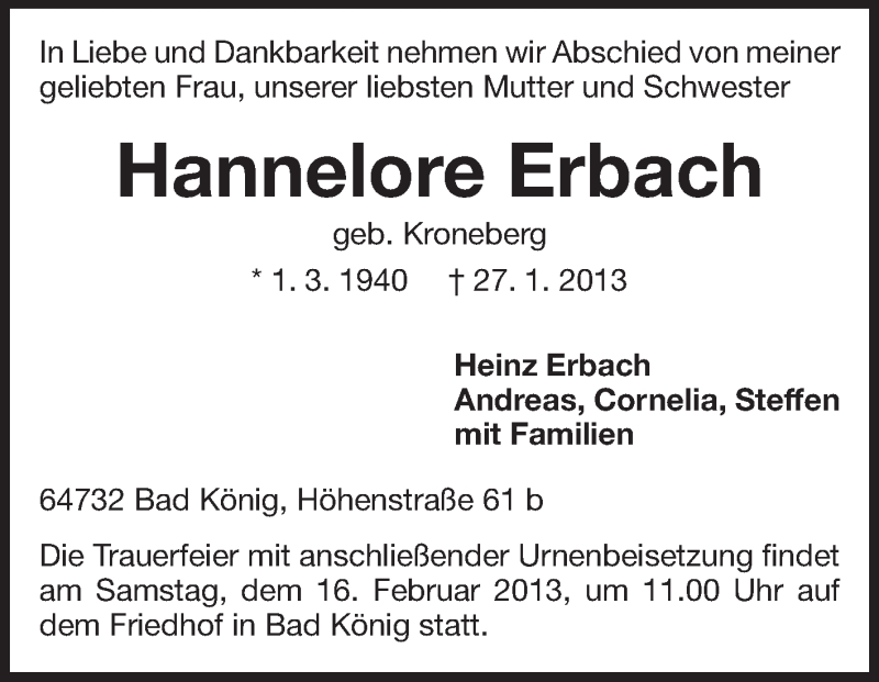  Traueranzeige für Hannelore Erbach vom 14.02.2013 aus Odenwälder Echo