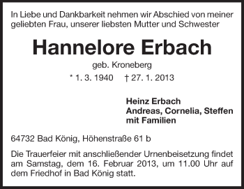 Traueranzeige von Hannelore Erbach von Odenwälder Echo