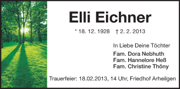 Traueranzeige von Elli Eichner von Darmstädter Echo, Odenwälder Echo, Rüsselsheimer Echo, Groß-Gerauer-Echo, Ried Echo