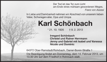 Traueranzeige von Karl Schönbach von Echo-Zeitungen (Gesamtausgabe)