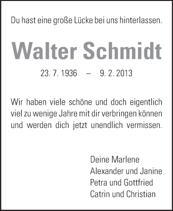Traueranzeige von Walter Schmidt von Echo-Zeitungen (Gesamtausgabe)