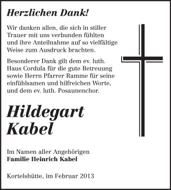 Traueranzeige von Hildegart Kabel von Odenwälder Echo