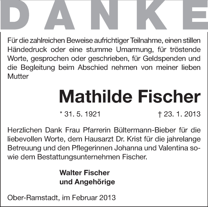  Traueranzeige für Mathilde Fischer vom 16.02.2013 aus Echo-Zeitungen (Gesamtausgabe)