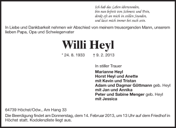 Traueranzeige von Willi Heyl von Odenwälder Echo