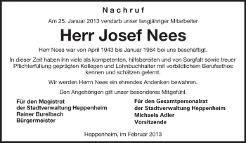 Traueranzeige von Josef Nees von Starkenburger Echo