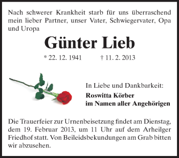 Traueranzeige von Günter Lieb von Echo-Zeitungen (Gesamtausgabe)