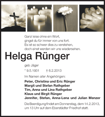Traueranzeige von Helga Rünger von Echo-Zeitungen (Gesamtausgabe)