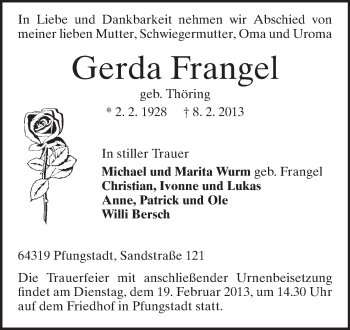 Traueranzeige von Gerda Frangel von Echo-Zeitungen (Gesamtausgabe)
