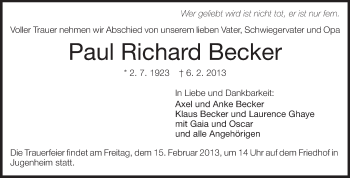 Traueranzeige von Paul Richard Becker von Echo-Zeitungen (Gesamtausgabe)