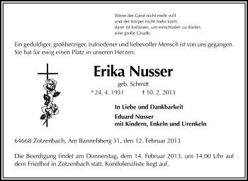 Traueranzeige von Erika Nusser von Starkenburger Echo