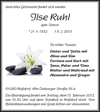 Traueranzeige von Ilse Ruhl von Echo-Zeitungen (Gesamtausgabe)