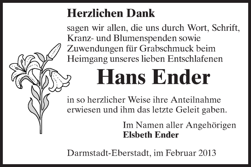  Traueranzeige für Hans Ender vom 16.02.2013 aus Echo-Zeitungen (Gesamtausgabe)