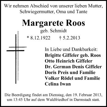 Traueranzeige von Margarete Roos von Echo-Zeitungen (Gesamtausgabe)