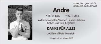 Traueranzeige von Andre Hanstein von Echo-Zeitungen (Gesamtausgabe)