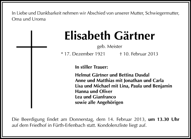  Traueranzeige für Elisabeth Gärtner vom 13.02.2013 aus Starkenburger Echo