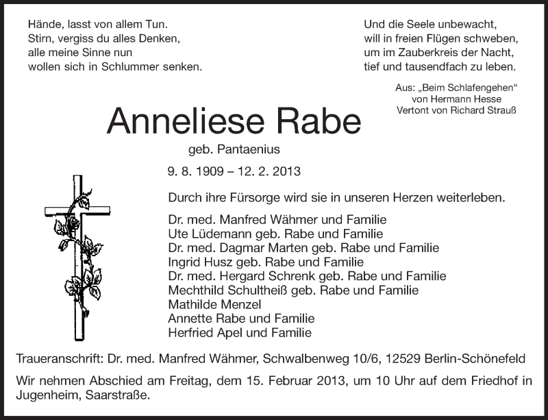  Traueranzeige für Anneliese Rabe vom 13.02.2013 aus Echo-Zeitungen (Gesamtausgabe)